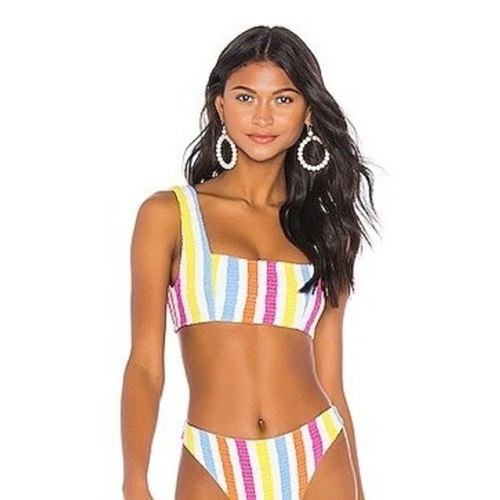 Tularosa Sammie Bikini Carnival Stripe Smocked Bikini Top Square Neck Size Small